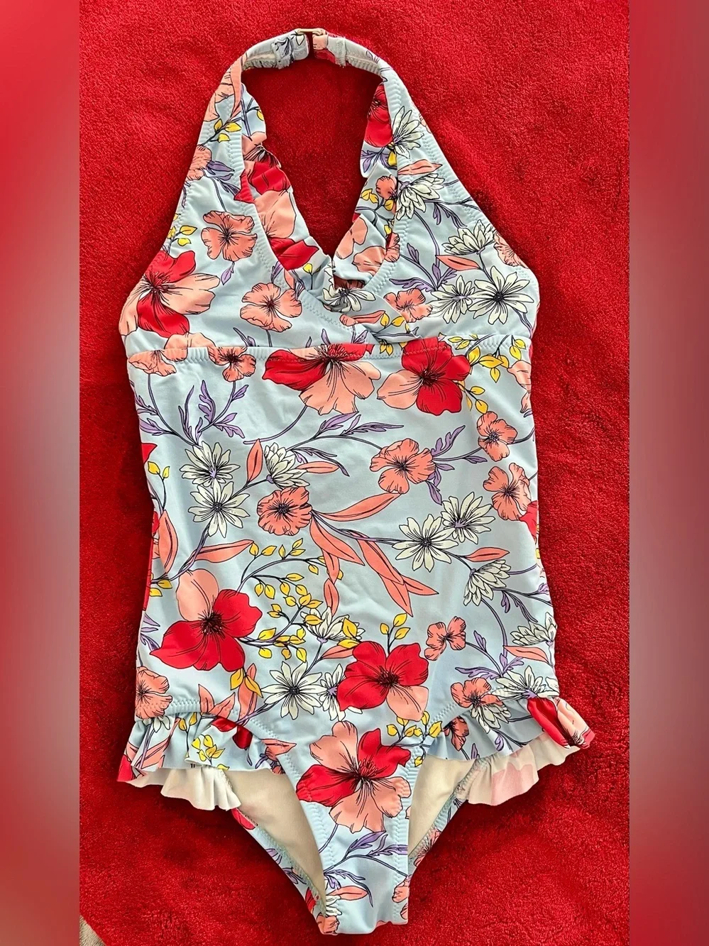 Garnet Hill Kids Floral One Piece Swimsuit Size 8 Halter Ruffle